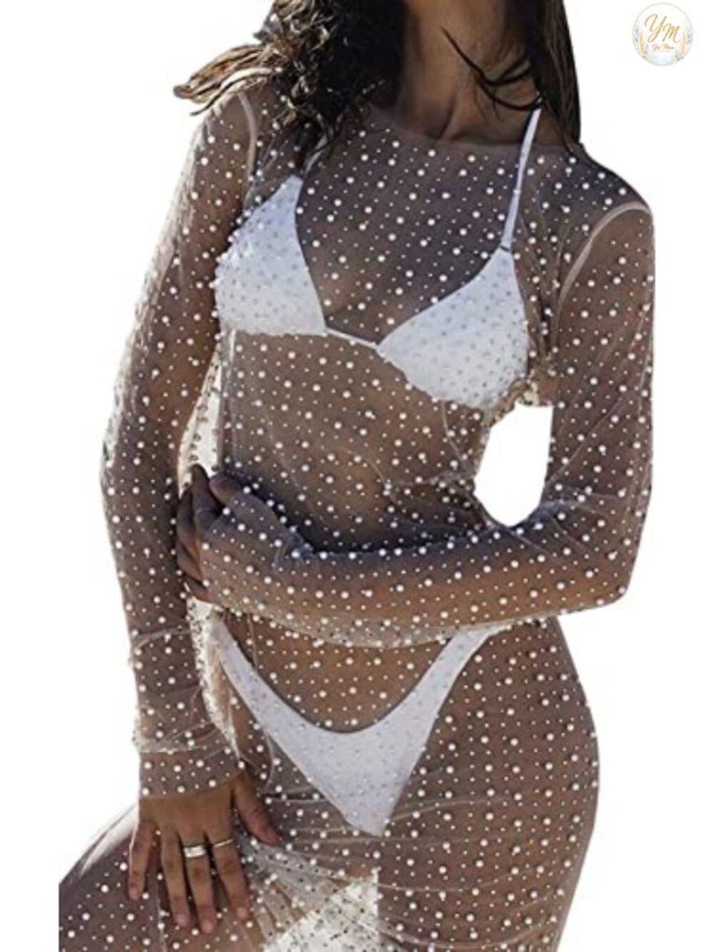Sheer Mesh Rhinestone Sparkle Cover Up Dress Swimsuit Bikini Bathing Suit